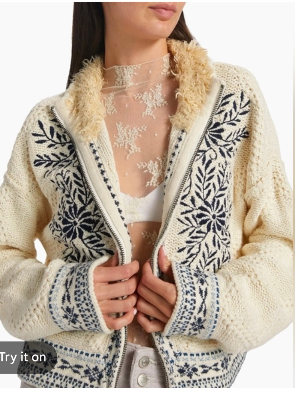 🌾Free People True Sweater Jacket Cream Knit Sweater with Navy Fair Isle Trim